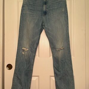 MOTHER Blue Straight Leg Jeans with Natural Distressing